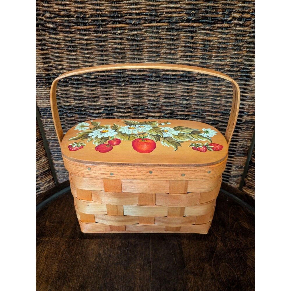 Vintage West Rindge Hand Painted Woven Picnic Basket Purse Hinged Top Handle USA